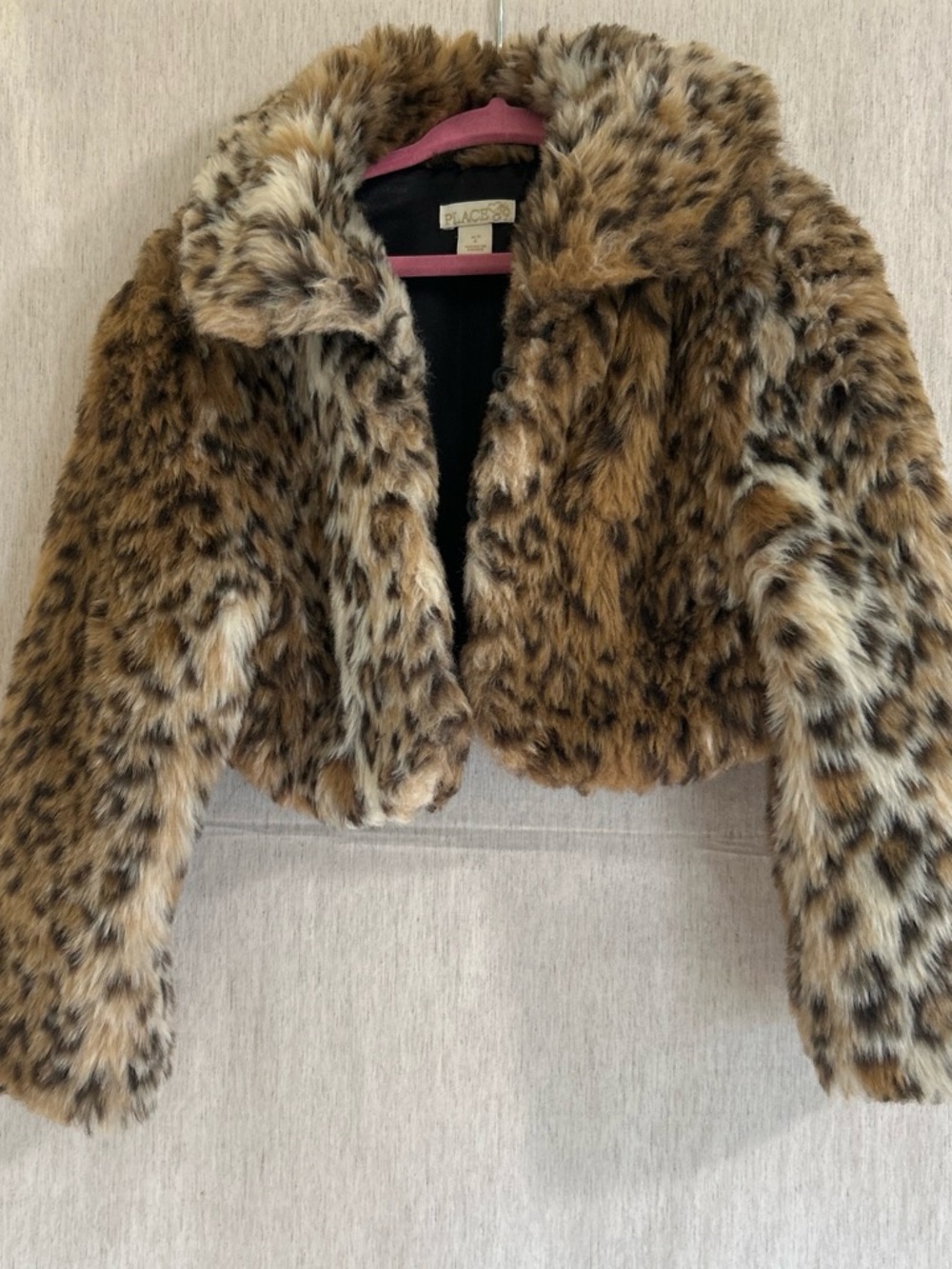 The Children's Place Faux Fur Leopard Cropped Jacket - Brown & Black